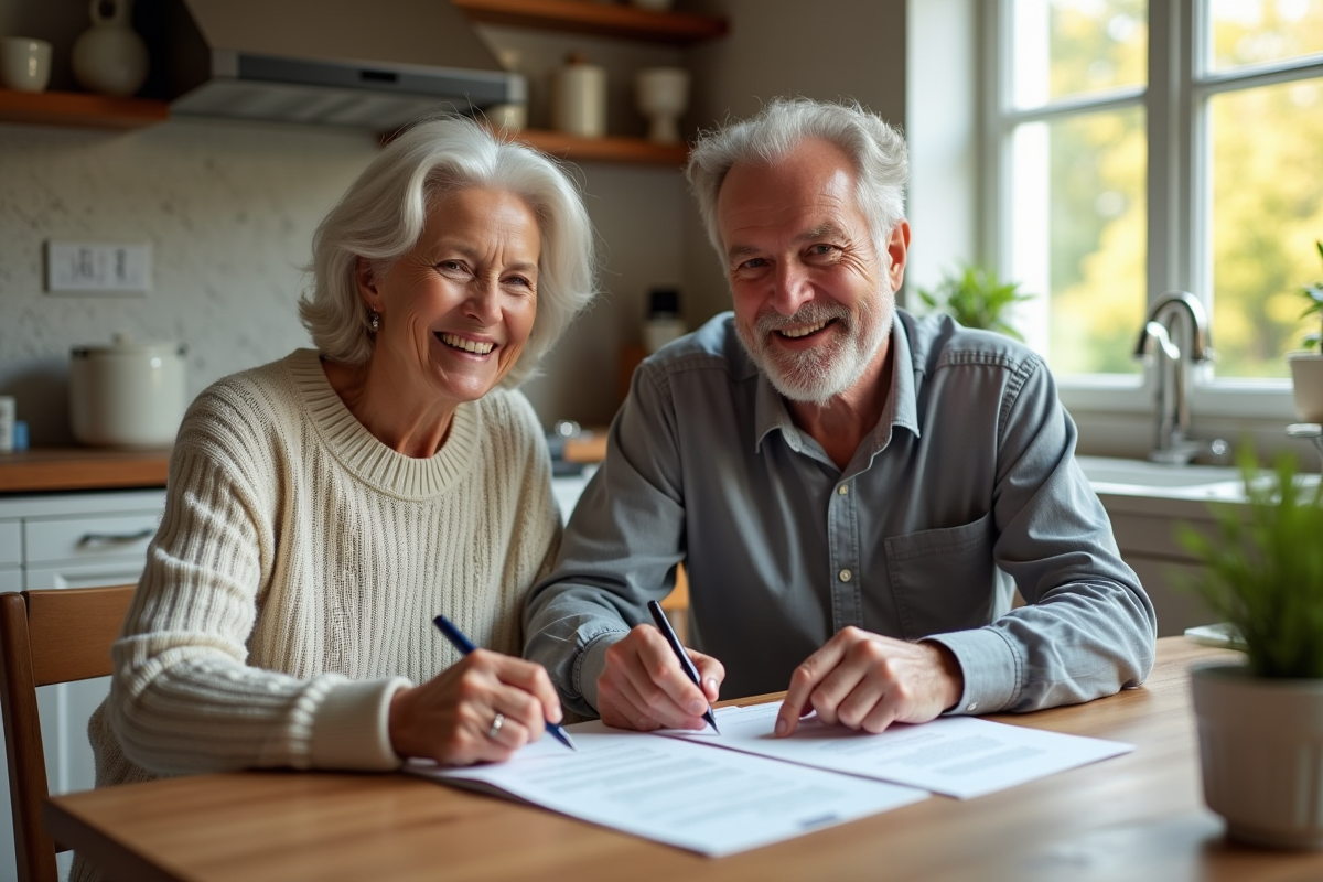 Couple âgé signant des formulaires d