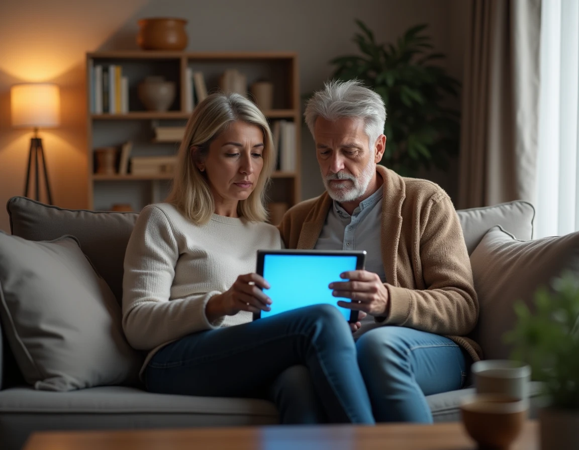Couple consultant un simulateur d'aides et primes sur tablette numérique dans leur salon pour évaluer leurs droits selon leur salaire brut