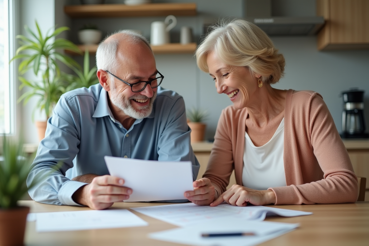 Couple mature souriant discutant de papiers en cuisine