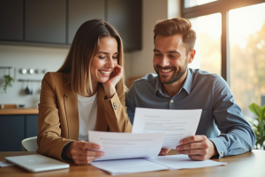 Jeune couple souriant examinant documents de prêt immobilier
