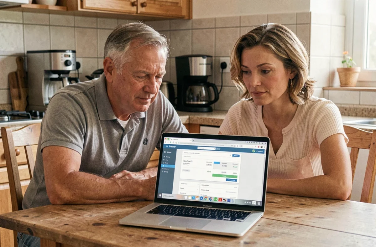 Couple vérifiant ensemble un prélèvement ADIS sur leur espace bancaire en ligne depuis la cuisine