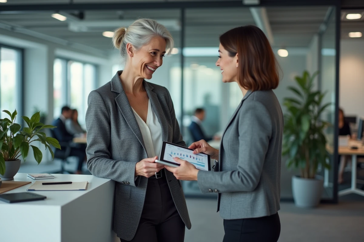 Femme active en cumul emploi-retraite discutant de documents financiers dans un bureau moderne