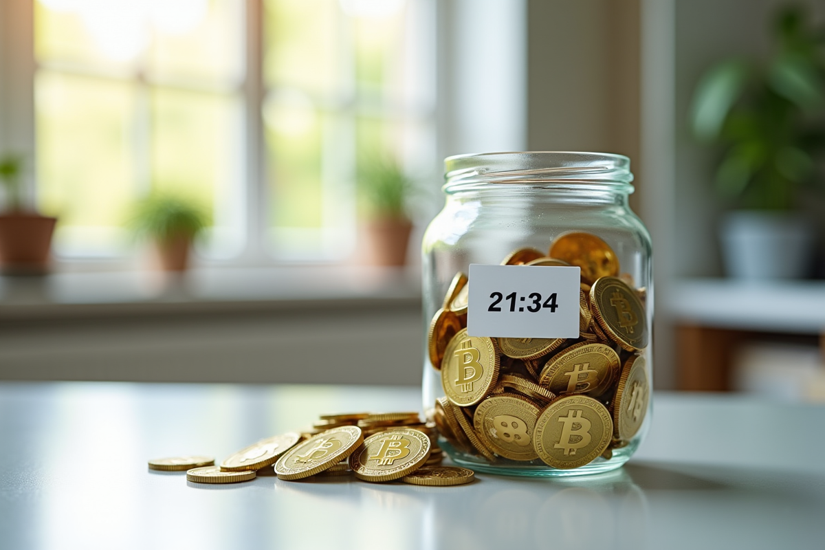 Cylinder rempli de bitcoins sur une table lumineuse et nette