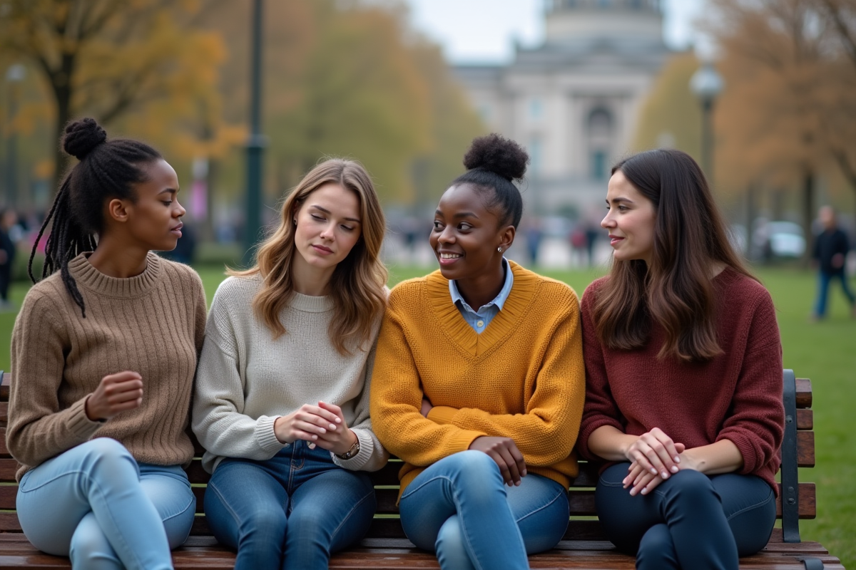 Jeunes adultes discutant sur un banc dans un parc urbain