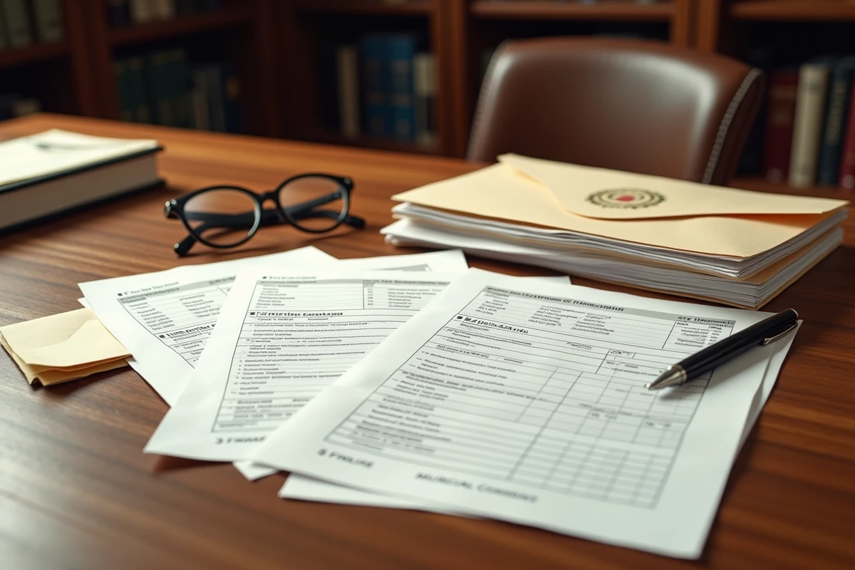 Documents de déclaration de patrimoine sur un bureau institutionnel illustrant la transparence financière d'un élu