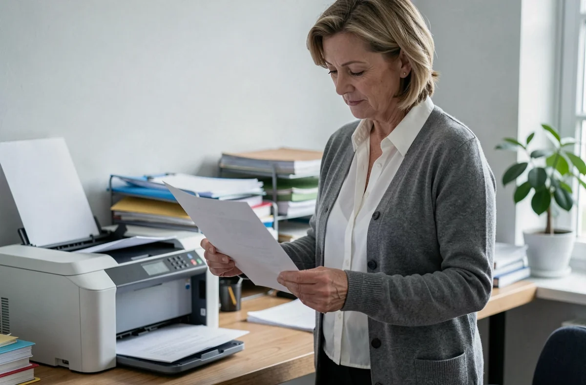 Femme tenant un document imprimé relatif à une demande de consultation du fichier PRÉVENTEL par courrier