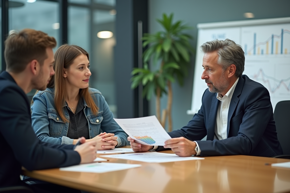 Homme et couple discutant de finances en réunion