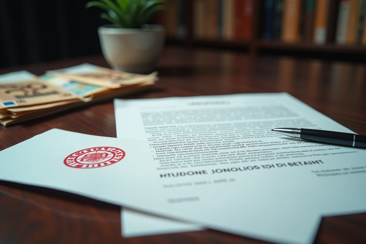 Document de jugement officiel avec amende en euros et enveloppe sur un bureau de tribunal ou d'étude notariale