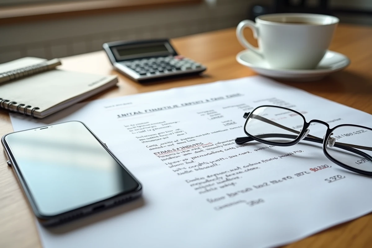 Vue de dessus d'une table avec des documents de licenciement, des fiches de paie et une calculatrice pour calculer les allocations chômage