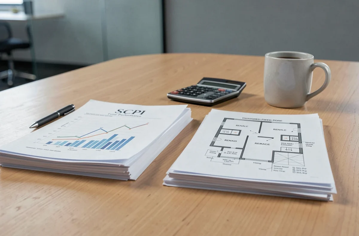 Documents comparatifs entre investissement en SCPI et immobilier locatif posés sur une table de réunion