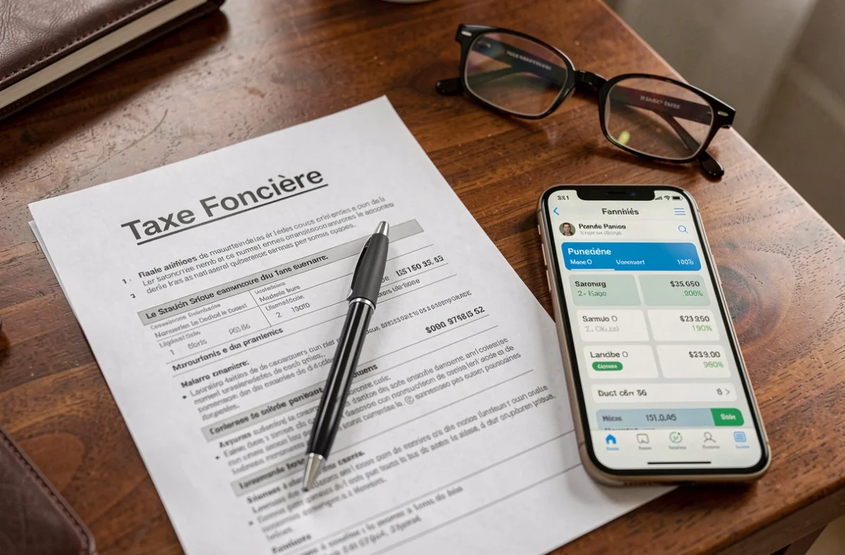 Documents de taxe foncière et smartphone affichant un prélèvement mensuel automatique pour la mensualisation