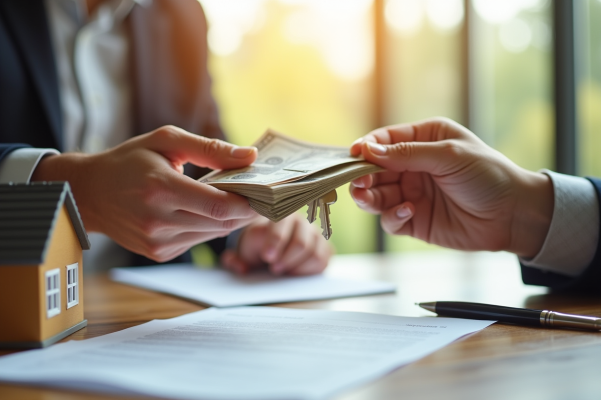 Main échangeant une clé et de l'argent avec un contrat immobilier