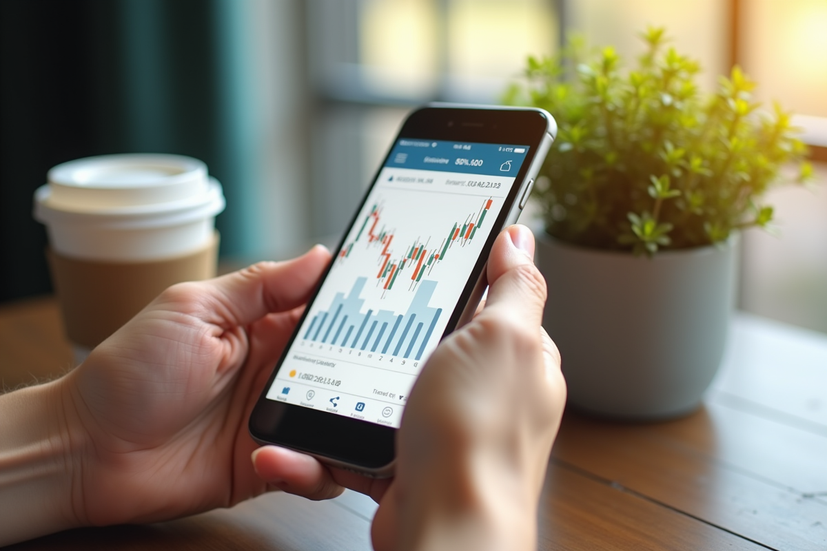 Main tenant un smartphone avec un graphique financier positif