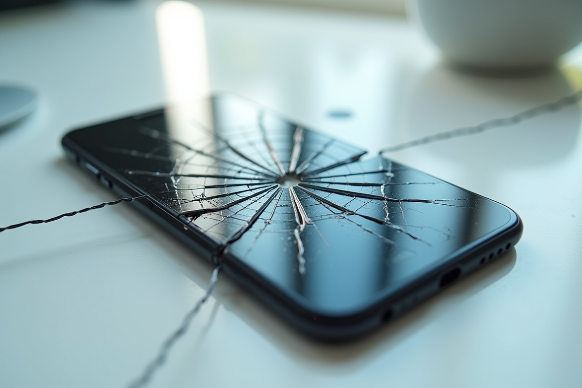 Écran de smartphone fissuré avec fractures fines en gros plan