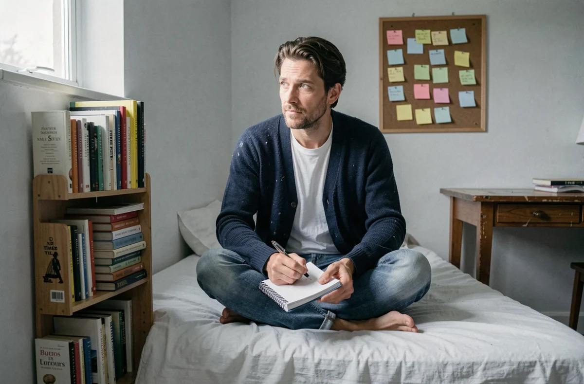 Écrivain dans un petit appartement modeste, prenant des notes dans un carnet, illustrant la précarité financière de nombreux auteurs