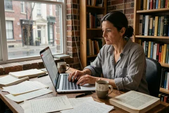 Auteure dans son bureau à domicile, entourée de manuscrits et de notes, travaillant sur son roman avec une expression de concentration et de fatigue