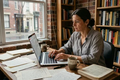 Auteure dans son bureau à domicile, entourée de manuscrits et de notes, travaillant sur son roman avec une expression de concentration et de fatigue