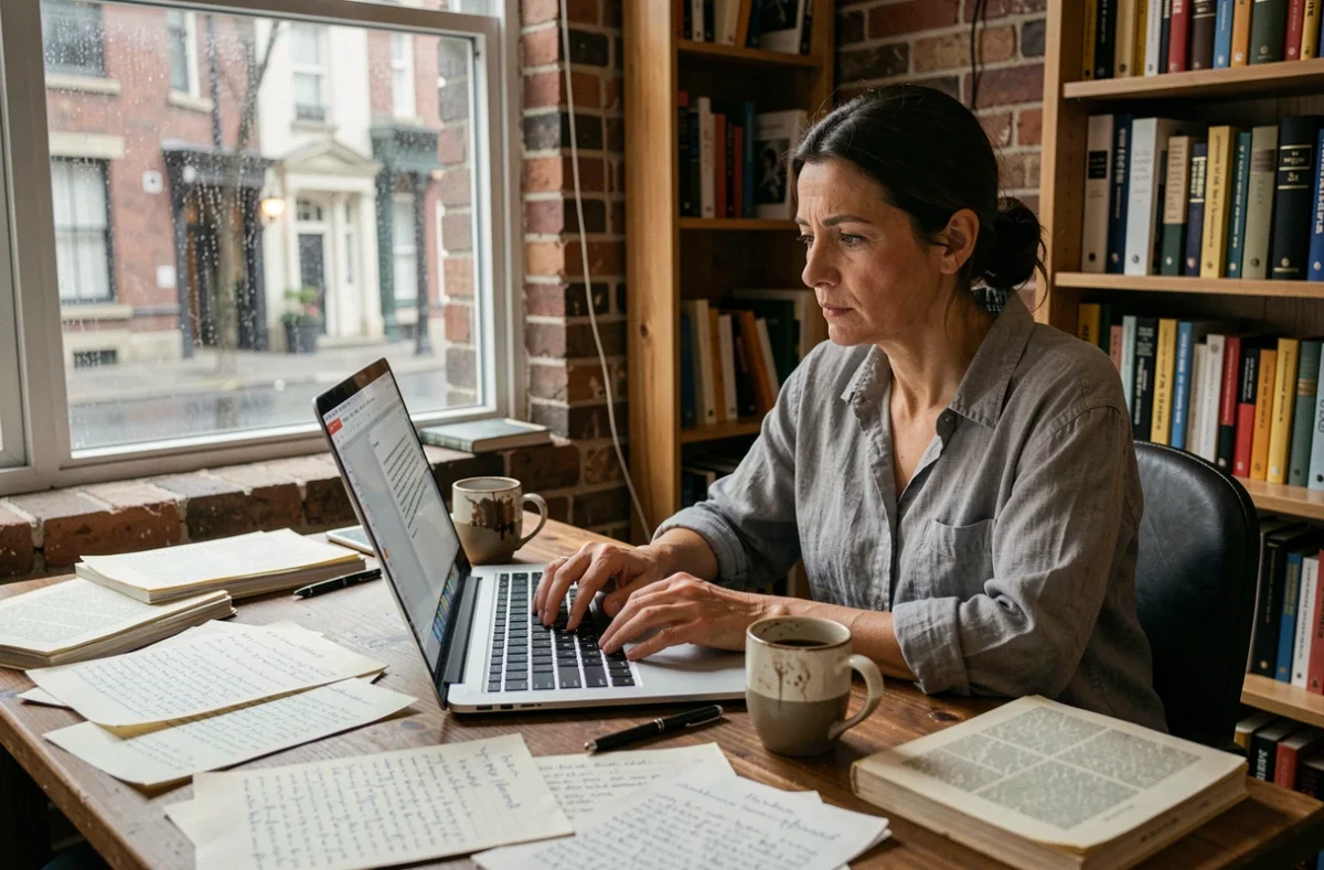 Auteure dans son bureau à domicile, entourée de manuscrits et de notes, travaillant sur son roman avec une expression de concentration et de fatigue