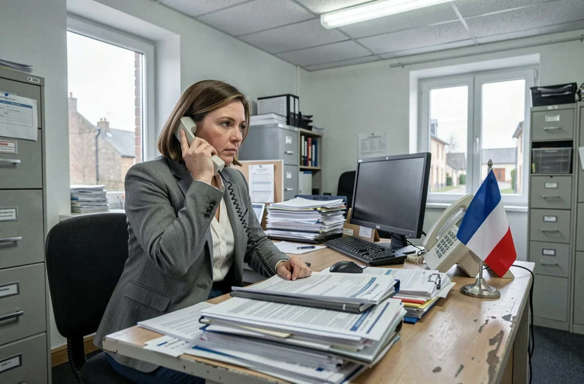 Élue municipale au téléphone dans un bureau administratif d'une petite mairie française entourée de dossiers