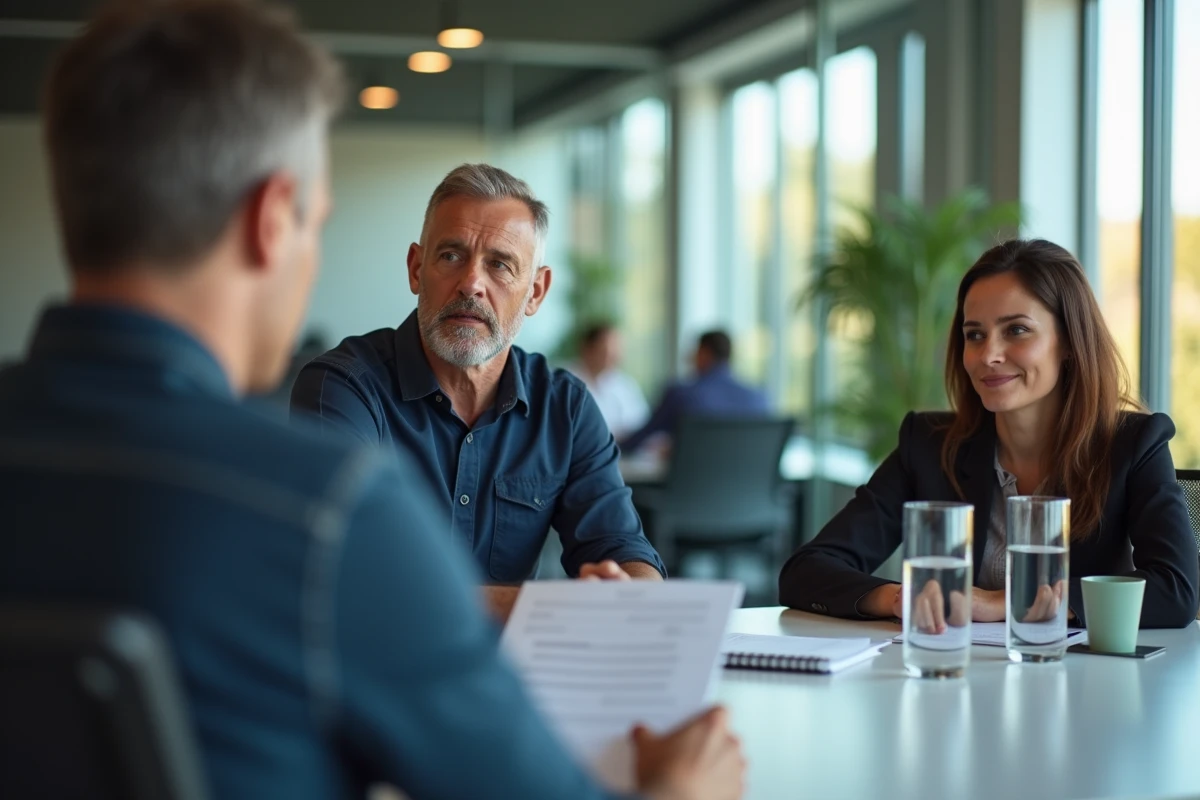 Employé discutant du calcul de son solde tout compte avec un responsable RH lors d'une réunion professionnelle