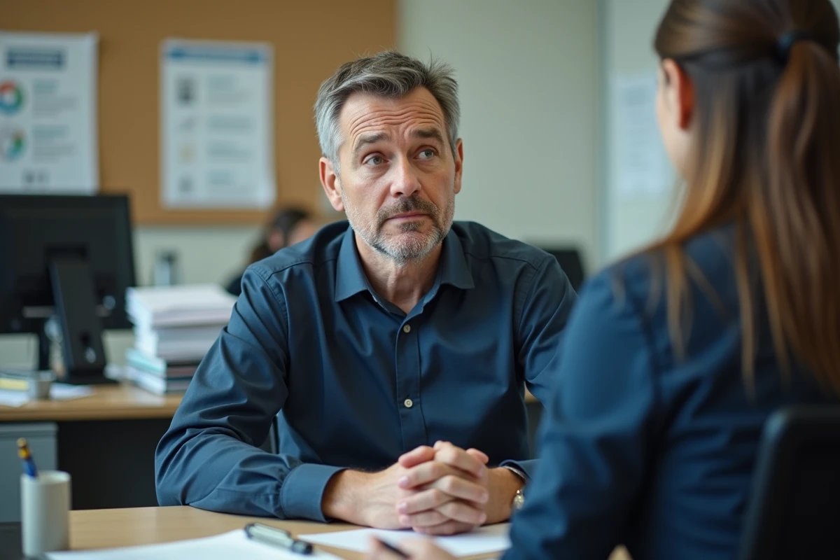 Homme en entretien avec un conseiller CAF pour réévaluation de ses droits RSA suite à une vie en couple