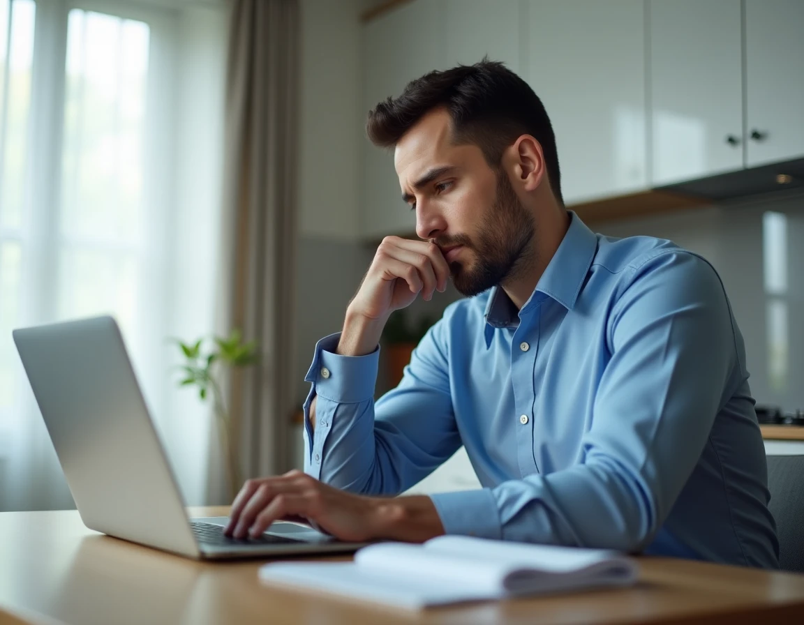 Homme envoyant un email de résiliation de crédit Cetelem depuis son ordinateur portable à la cuisine