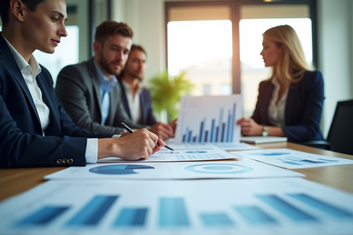 Groupe de professionnels analysant des rapports financiers EBITDA