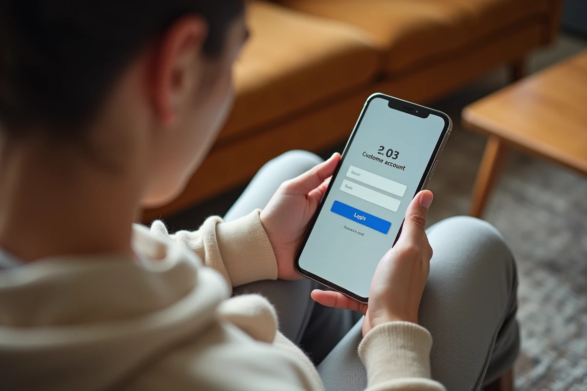 Personne consultant son espace client en ligne sur smartphone depuis son salon