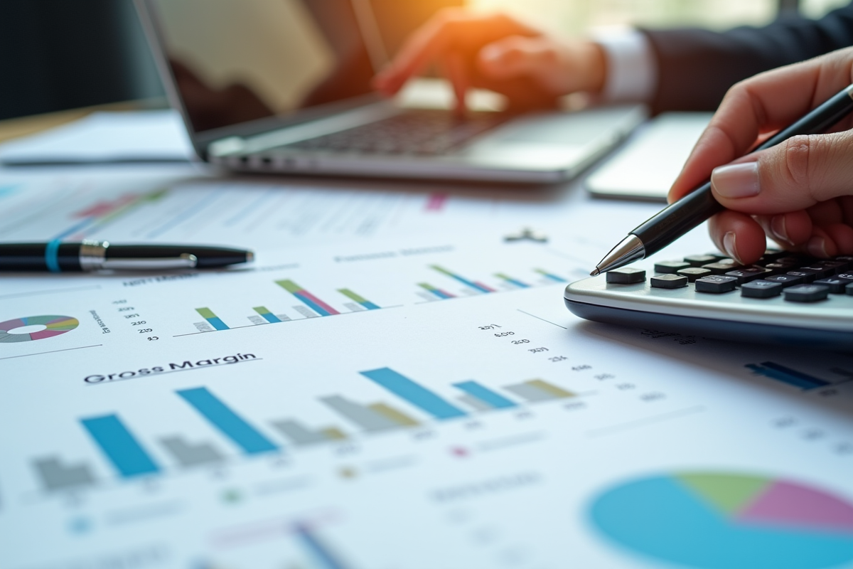 Espace de travail professionnel avec documents financiers et calculs