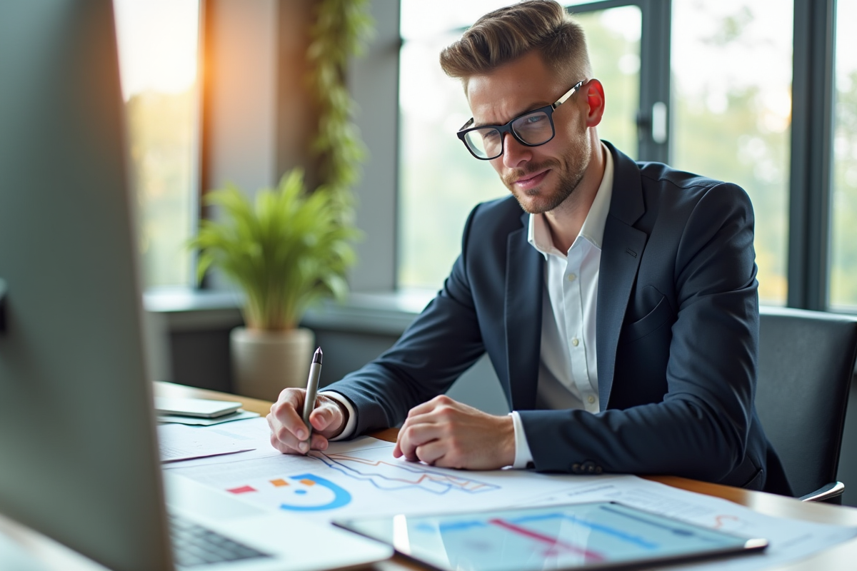 Cadre confiant analysant des graphiques financiers au bureau