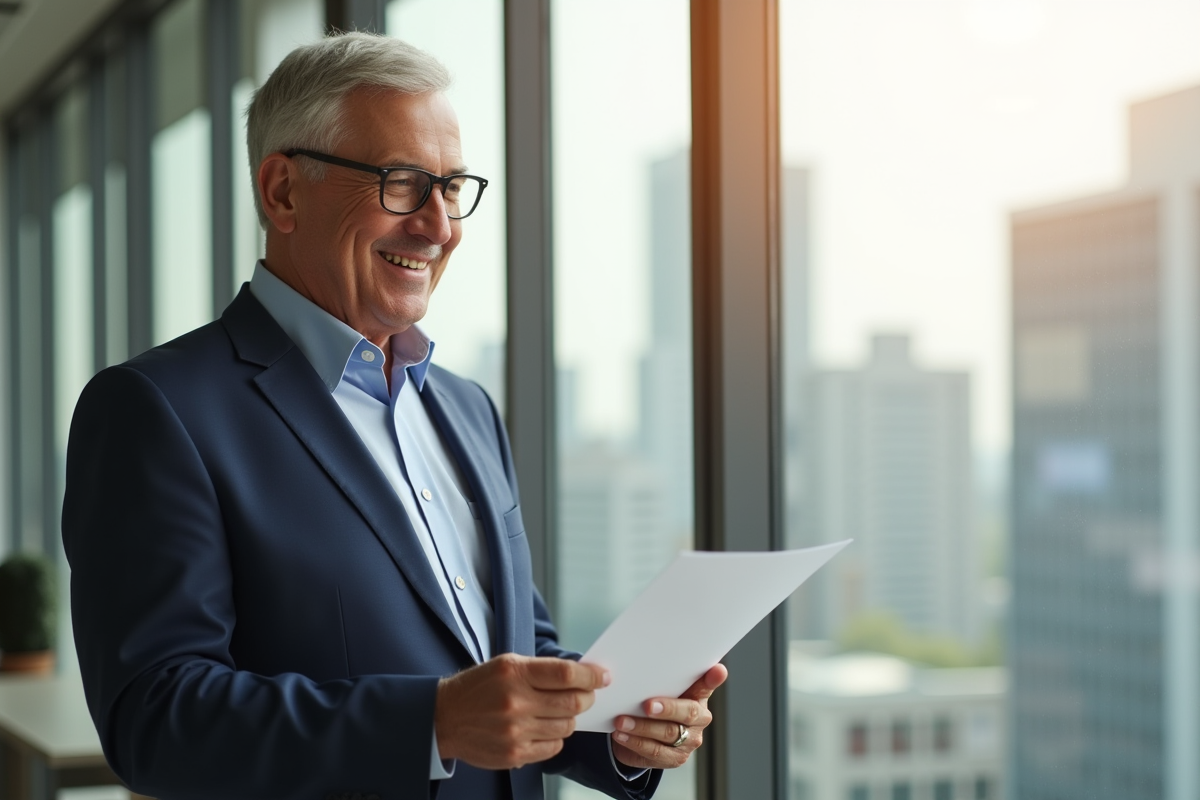 Cadre senior confiant dans un bureau moderne souriant