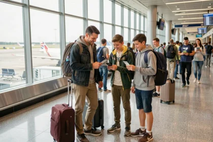 Famille souriante avec valises dans un aéroport avant un départ en voyage, illustrant la sérénité offerte par une assurance voyage famille