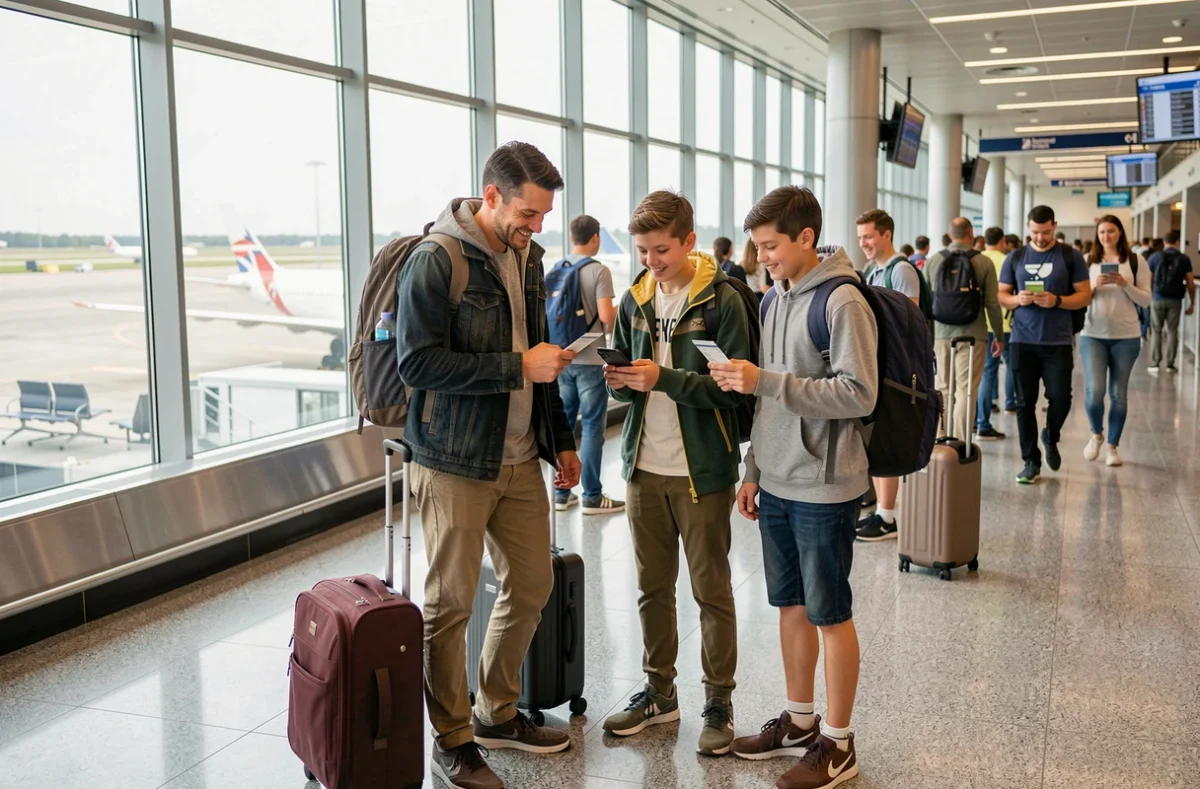 Famille souriante avec valises dans un aéroport avant un départ en voyage, illustrant la sérénité offerte par une assurance voyage famille
