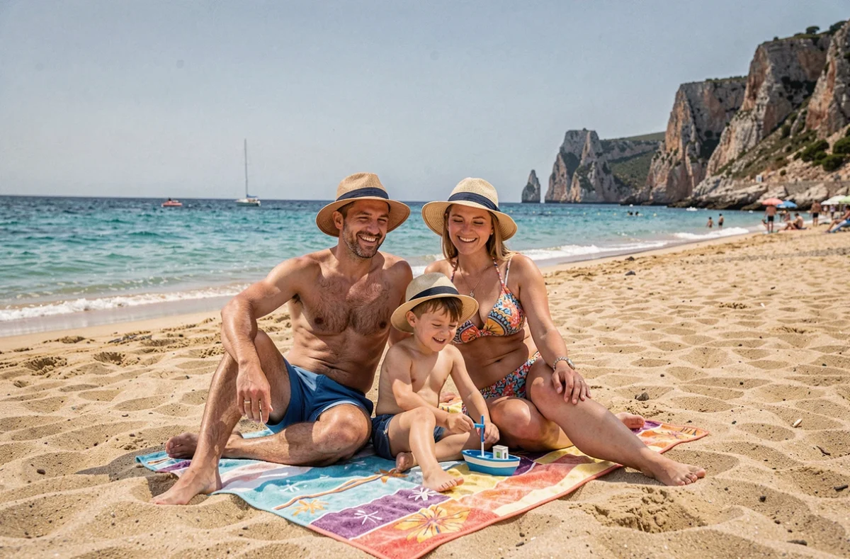 Famille détendue sur une plage méditerranéenne en vacances, symbolisant la tranquillité d'esprit apportée par une bonne assurance voyage