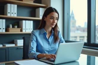Femme d'affaires au bureau avec ordinateur et étagères