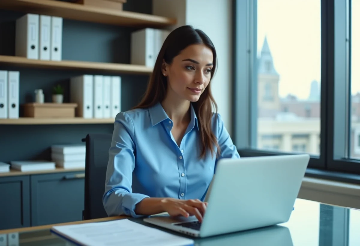 Femme d'affaires au bureau avec ordinateur et étagères