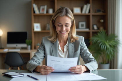 Femme d'affaires examine un contrat dans un bureau moderne