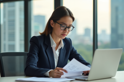 Femme d'affaires en costume regardant des documents au bureau