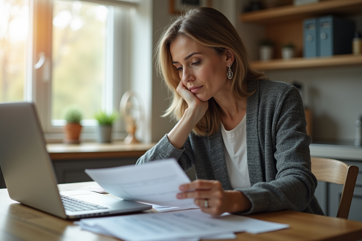 Femme réfléchissant à ses finances à la maison