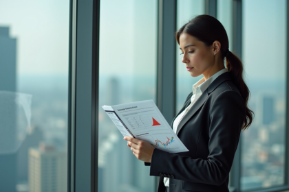 Femme professionnelle analysant un graphique en bureau moderne