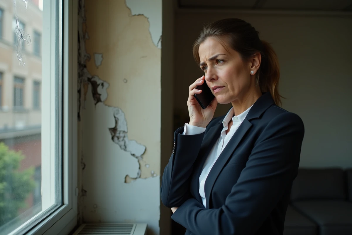 Femme stressée appelant son assurance ECA depuis son appartement endommagé après un sinistre
