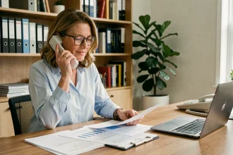Femme en train d'appeler Cetelem pour un rachat de crédit depuis son bureau à domicile