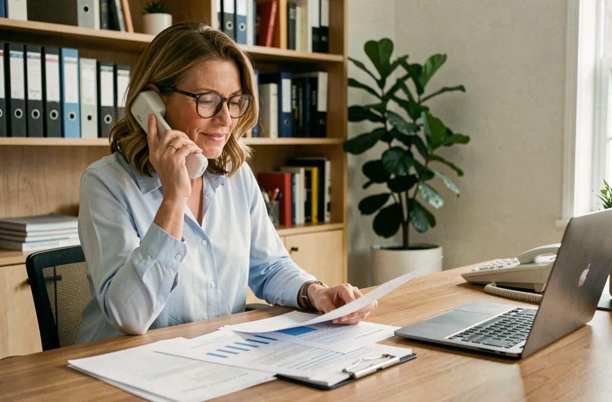 Femme en train d'appeler Cetelem pour un rachat de crédit depuis son bureau à domicile