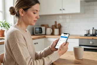 Femme utilisant l'application mobile Crédit Agricole CA22 sur smartphone dans une cuisine moderne