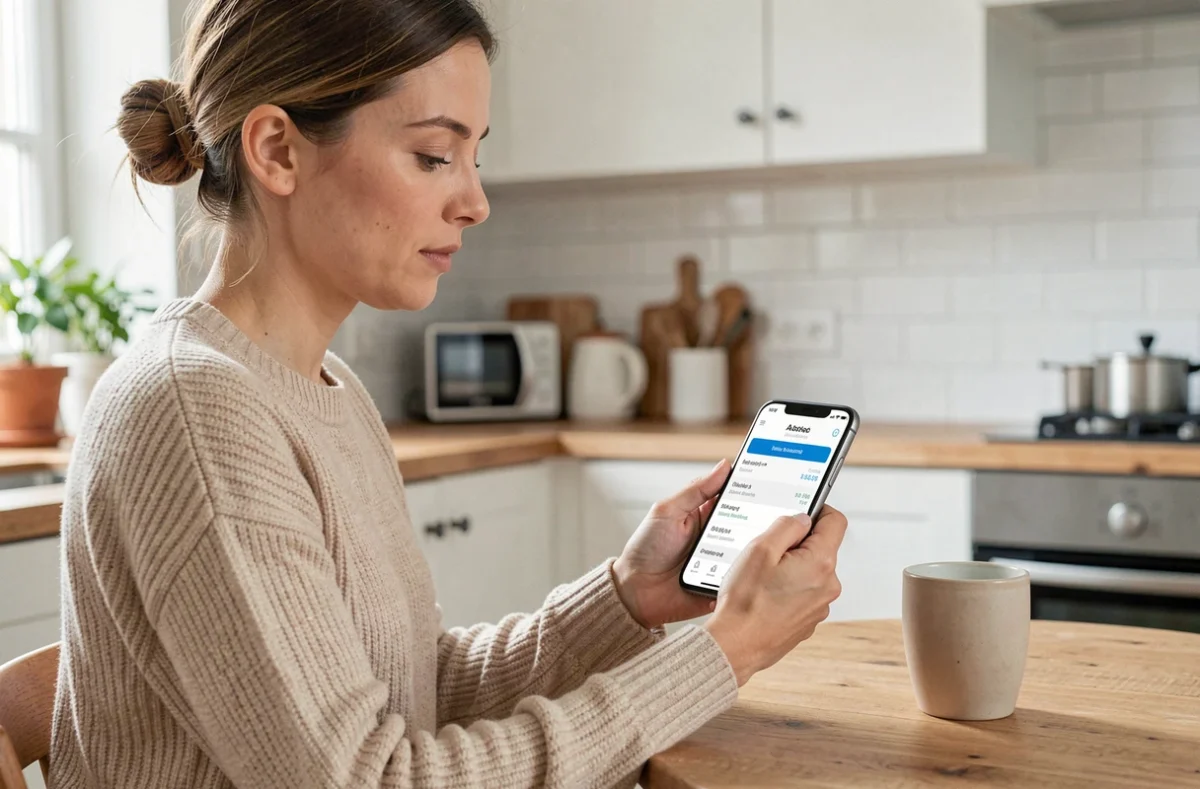 Femme utilisant l'application mobile Crédit Agricole CA22 sur smartphone dans une cuisine moderne