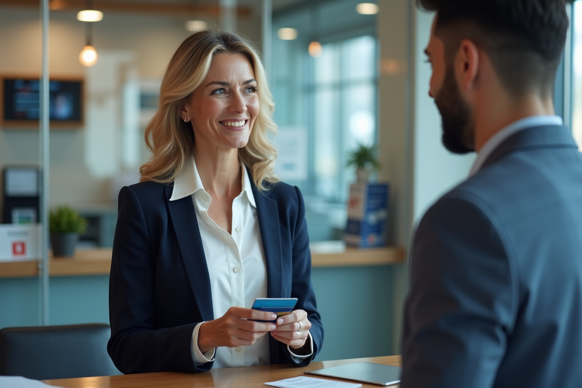 Femme professionnelle avec carte bloquee au guichet bancaire