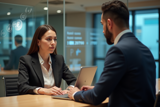 Femme d'affaires discutant de crypto-monnaies avec conseiller