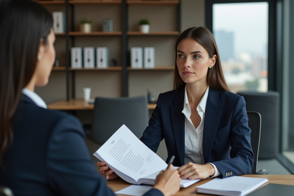 Femme d affaires en réunion dans une banque moderne