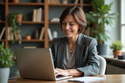 Femme d'&acirc;ge moyen utilisant une banque en ligne dans un bureau cosy