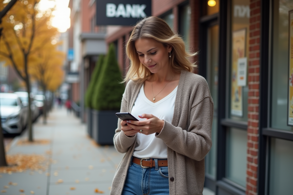 Femme dehors vérifiant son smartphone devant une banque